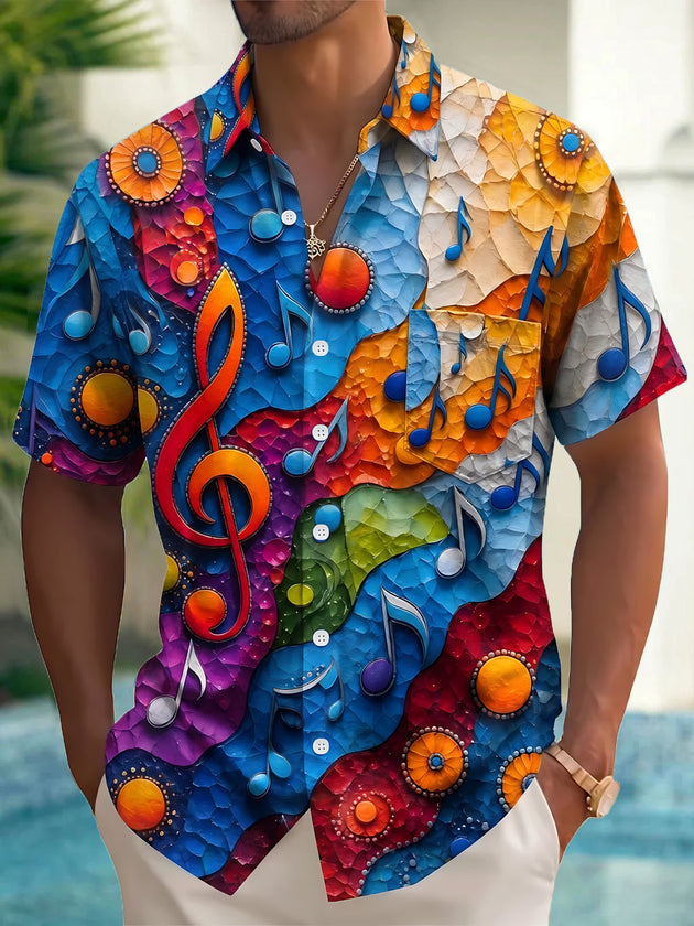 Adaychic Men's Graphic Musical Notes Print Treble Clef Print Short Sleeve Shirt with Chest Pocket