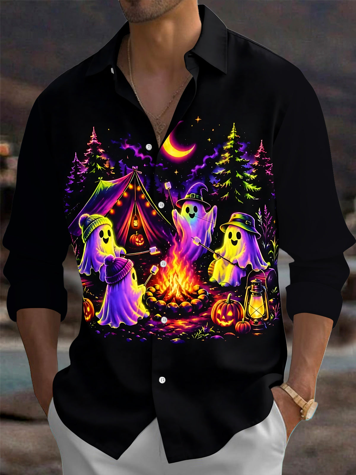 Adaychic Men's Graphic Halloween Ghost Camping Print Long Sleeve Shirt with Chest Pocket