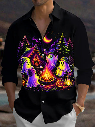 Adaychic Men's Graphic Halloween Ghost Camping Print Long Sleeve Shirt with Chest Pocket