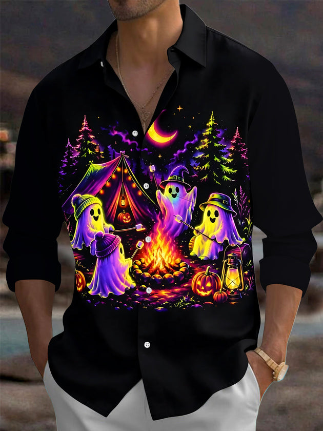 Adaychic Men's Graphic Halloween Ghost Camping Print Long Sleeve Shirt with Chest Pocket
