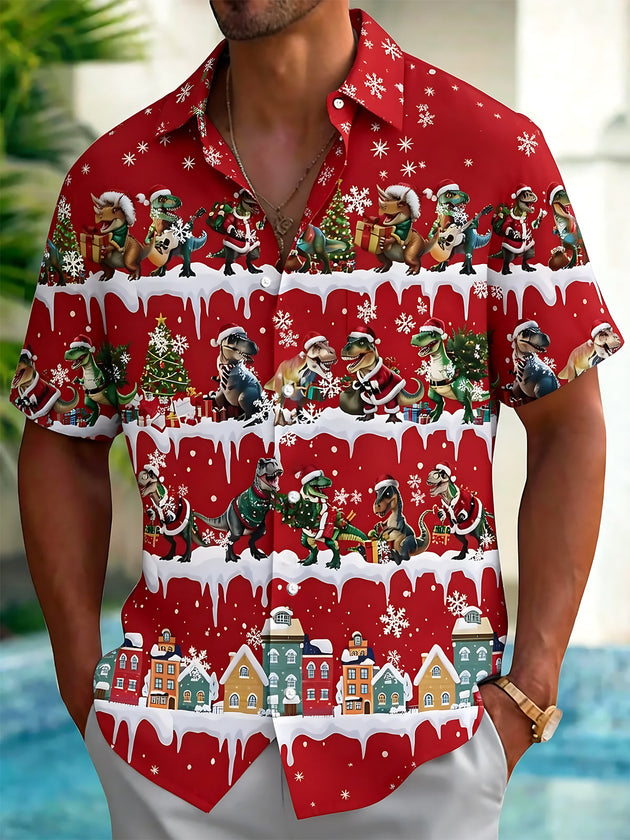 Adaychic Men's Hawaiian Christmas Dinosaur Print Short Sleeve Shirt with Chest Pocket