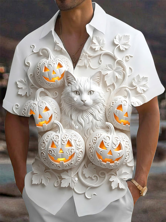 Adaychic Men's Graphic Halloween Pumpkin Print Short Sleeve Shirt with Chest Pocket