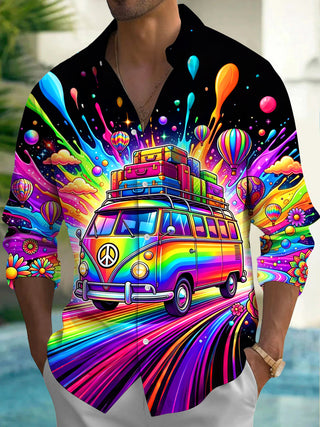 Adaychic Colorful Hippie Bus Long Sleeve Shirt with Chest Pocket