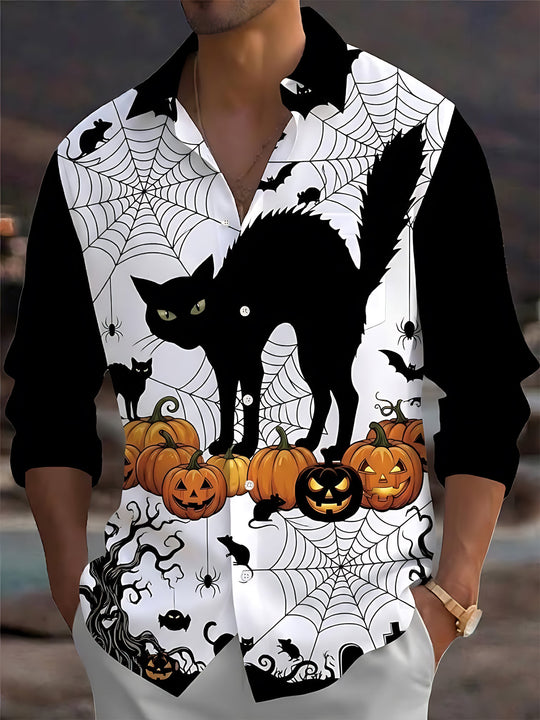 Adaychic Men's Graphic Halloween Black Cat Print Long Sleeve Shirt with Chest Pocket
