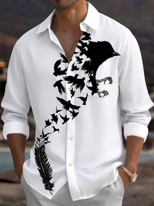 Adaychic Men's Graphic Crow Silhouette Print Long Sleeve Shirt with Chest Pocket