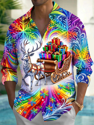 Adaychic Men's Graphic Christmas Reindeer and Sleigh Print Long Sleeve Shirt with Chest Pocket