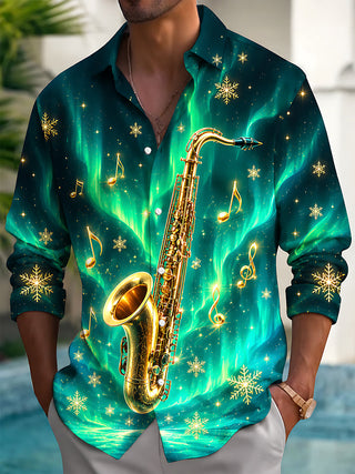 Adaychic Men's Graphic Saxophone Print Snowflakes Print Long Sleeve Shirt with Chest Pocket
