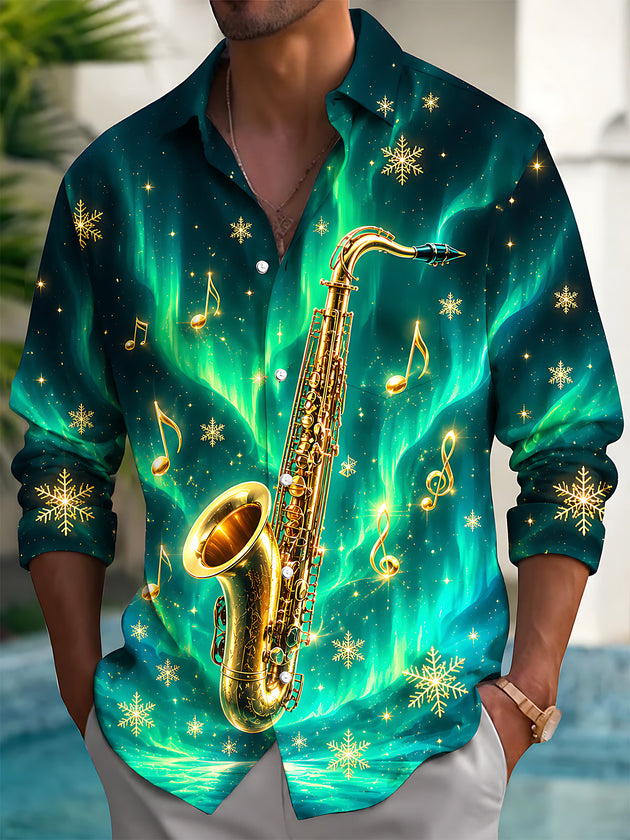 Adaychic Men's Graphic Saxophone Print Snowflakes Print Long Sleeve Shirt with Chest Pocket