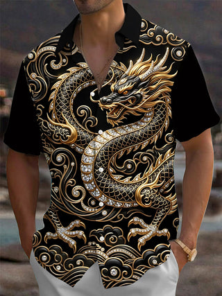 Adaychic Men's Graphic Dragon Print Printed Print Short Sleeve Shirt with Chest Pocket