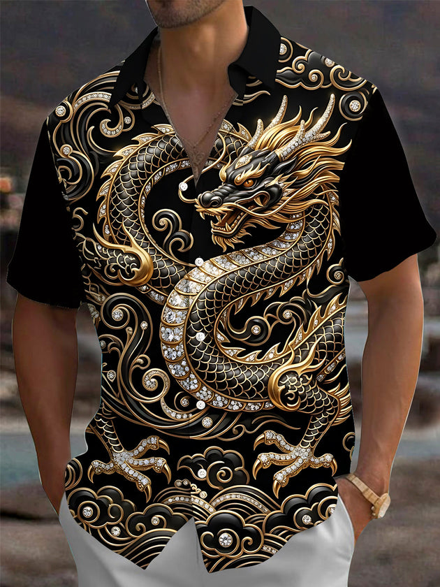 Adaychic Men's Graphic Dragon Print Printed Print Short Sleeve Shirt with Chest Pocket