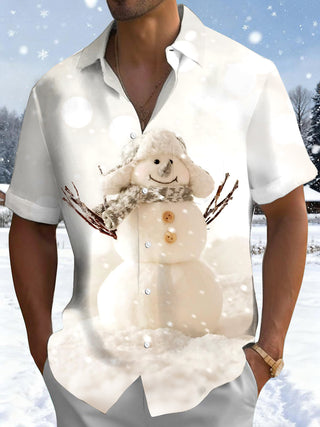 Adaychic Men's Graphic Snowman Print Winter Snow Print Short Sleeve Shirt with Chest Pocket