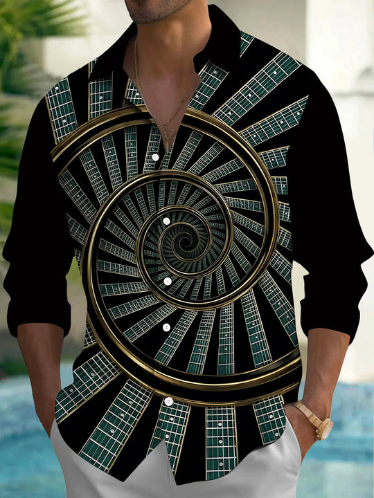 Adaychic Men's Graphic Guitar Fretboard Spiral Print Long Sleeve Shirt with Chest Pocket