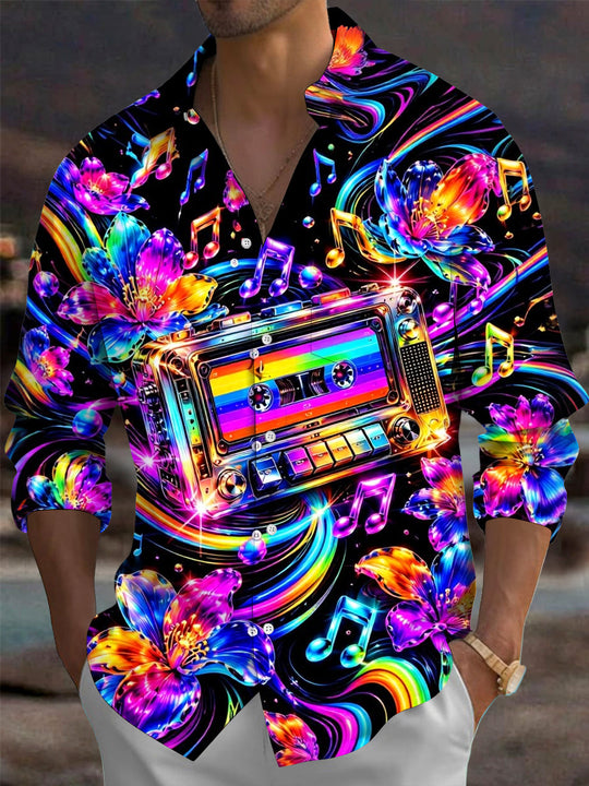 Adaychic Men's Hawaiian Neon Cassette Tape Print Long Sleeve Shirt with Chest Pocket