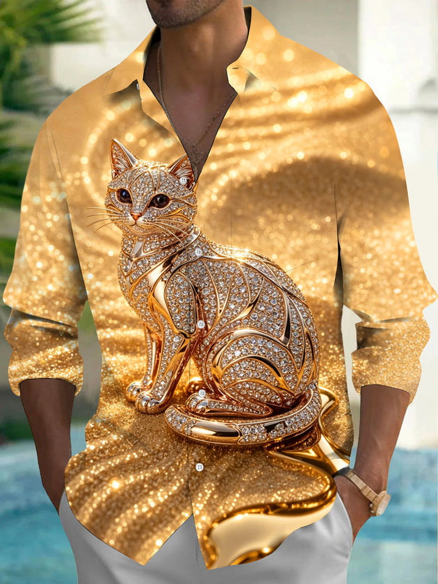 Adaychic Men's Graphic Diamond Cat Print Long Sleeve Shirt with Chest Pocket