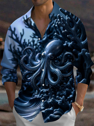 Adaychic Men's Graphic Octopus Print Coral Reef Print Long Sleeve Shirt with Chest Pocket