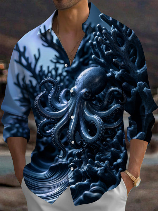 Adaychic Men's Graphic Octopus Print Coral Reef Print Long Sleeve Shirt with Chest Pocket