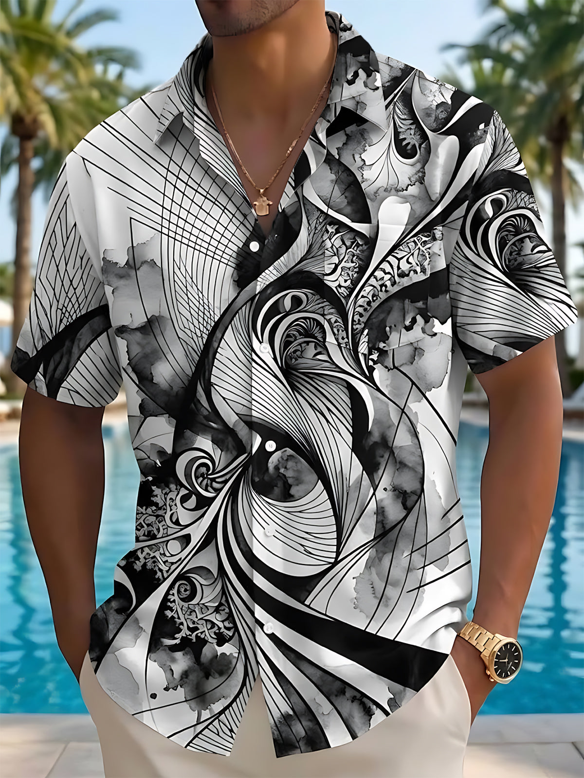 Adaychic Men's Abstract Abstract Swirl Lines Print Short Sleeve Shirt with Chest Pocket