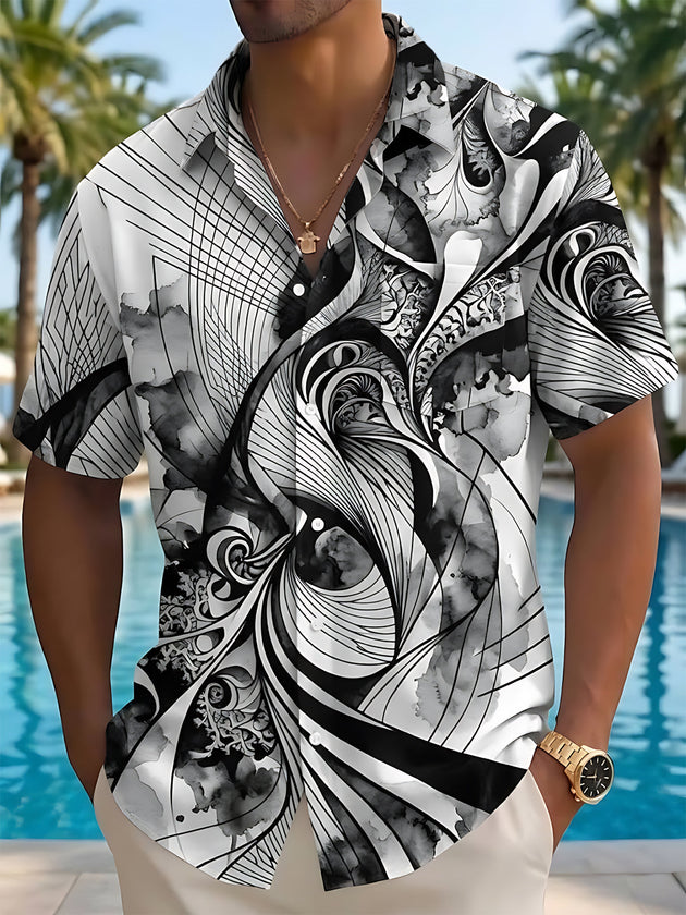 Adaychic Men's Abstract Abstract Swirl Lines Print Short Sleeve Shirt with Chest Pocket