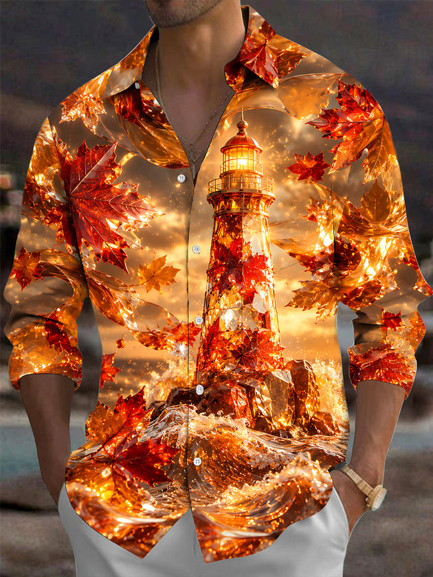 Adaychic Men's Printed Lighthouse Print Maple Leaves Print Long Sleeve Shirt with Chest Pocket