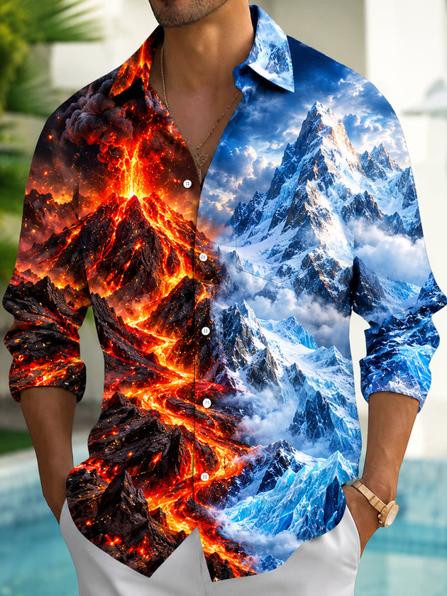 Adaychic Men's Printed Volcanic Eruption Print Long Sleeve Shirt with Chest Pocket