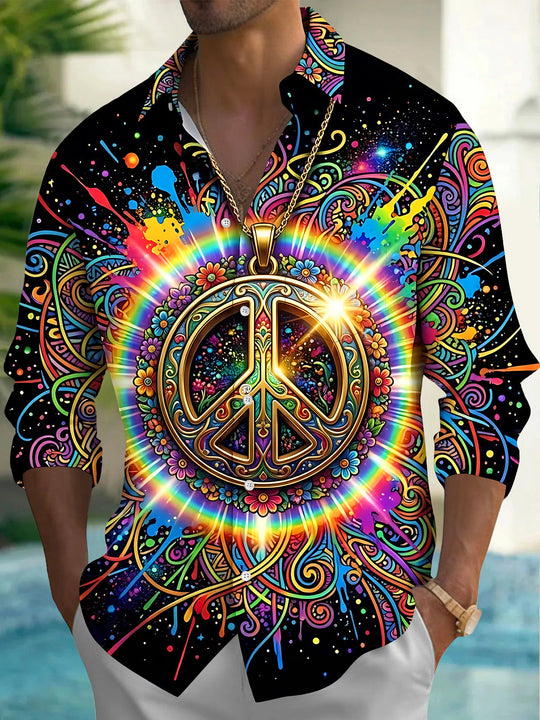 Adaychic Men's Retro Rainbow Peace Symbol Print Long Sleeve Shirt with Chest Pocket