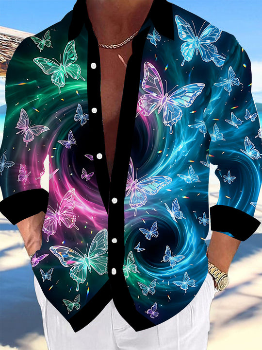 Adaychic Men's Hawaiian Butterfly Pattern Galaxy Swirl Print Long Sleeve Shirt with Chest Pocket