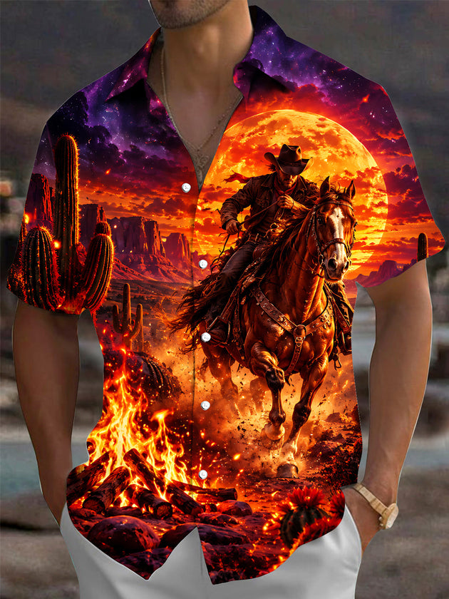 Adaychic Men's Printed Cowboy On Horse Print Short Sleeve Shirt with Chest Pocket