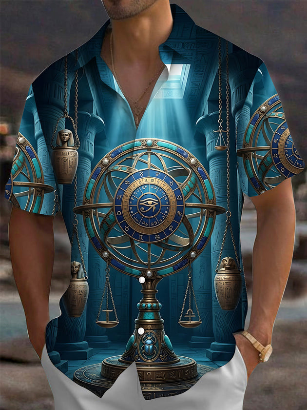 Adaychic Men's 3D Ancient Egyptian Armillary Sphere Print Short Sleeve Shirt with Chest Pocket