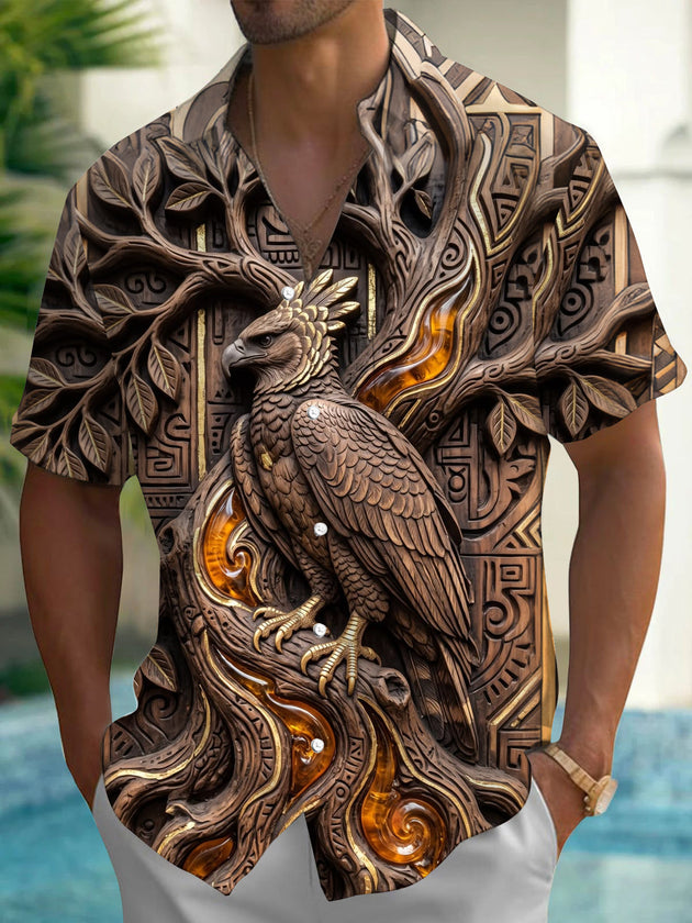 Adaychic Men's Printed 3D Wood Carved Eagle Print Short Sleeve Shirt with Chest Pocket