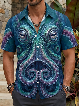 Adaychic Men's Graphic Octopus Face Print Tentacles Print Short Sleeve Shirt with Chest Pocket