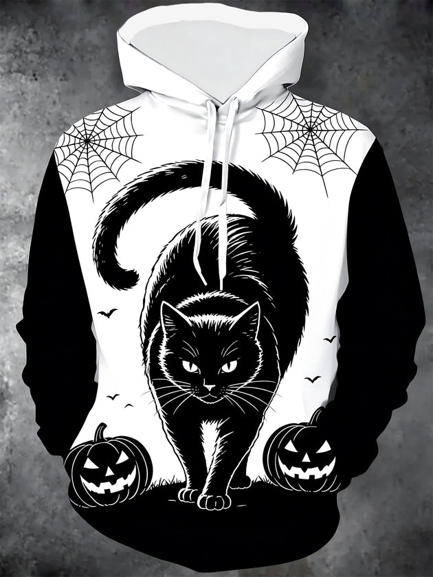 Adaychic Men's Graphic Halloween Black Cat Print Long Sleeve Hoodie with Chest Pocket