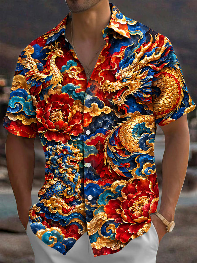 Adaychic Men's Printed Chinese Dragon And Phoenix Print Short Sleeve Shirt with Chest Pocket