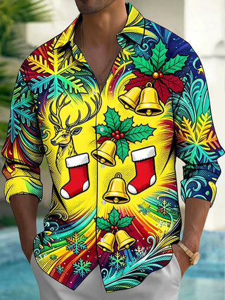 Adaychic Men's Graphic Christmas Reindeer Print Long Sleeve Shirt with Chest Pocket
