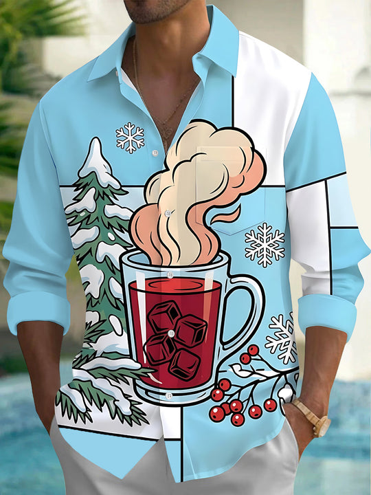 Adaychic Men's Printed Winter Snowflake Print Long Sleeve Shirt with Chest Pocket