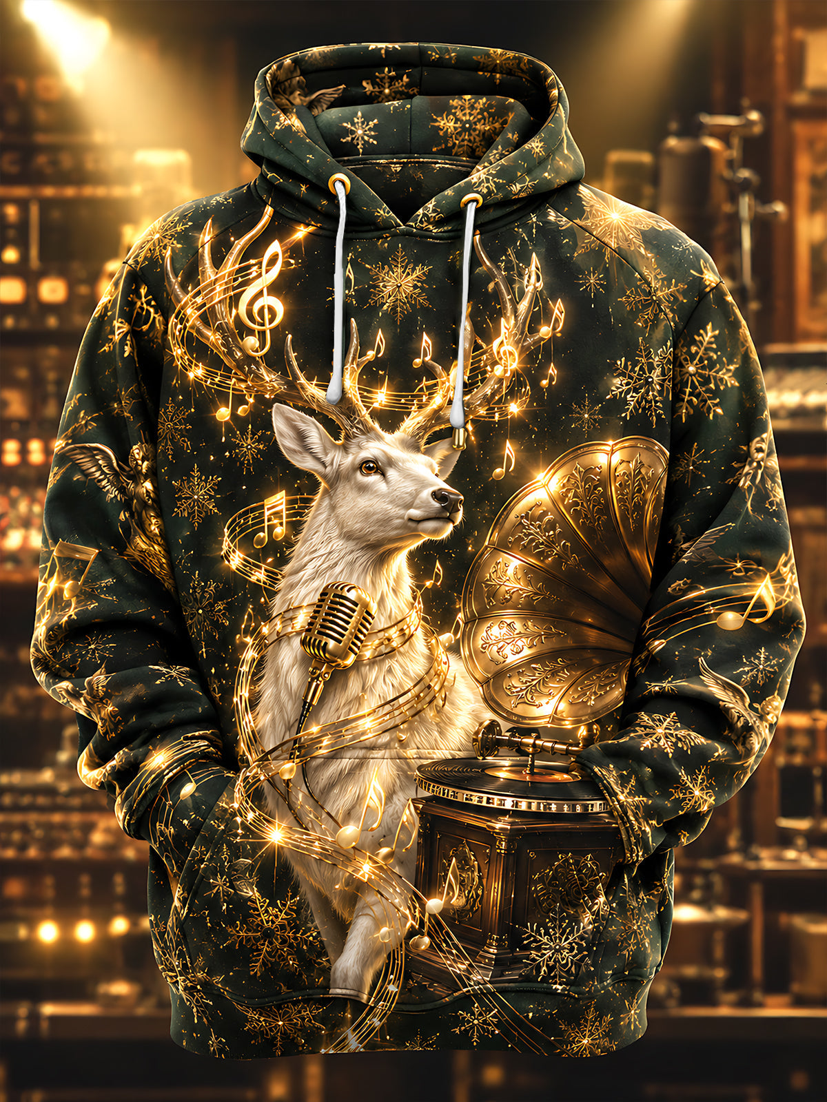 Adaychic Men's Graphic Golden Reindeer Print Long Sleeve Hoodie