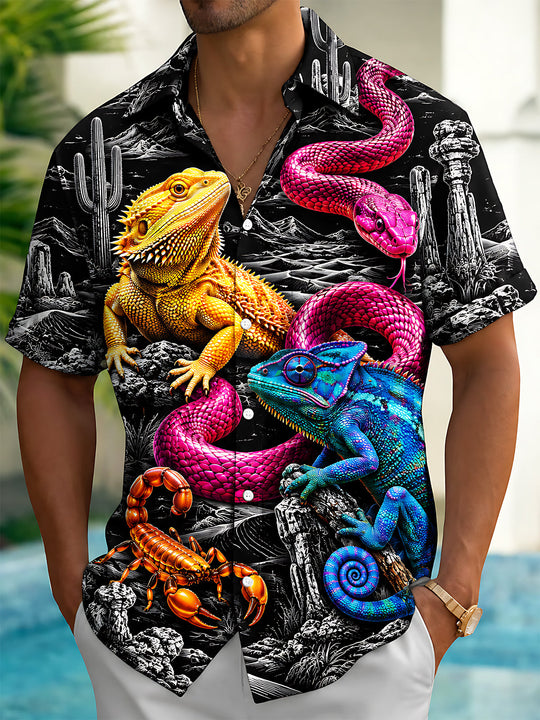 Adaychic Men's Graphic Desert Reptiles Print Short Sleeve Shirt with Chest Pocket