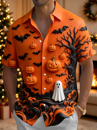 Adaychic Men's Graphic Halloween Pumpkins Print Bats Print Short Sleeve Shirt with Chest Pocket