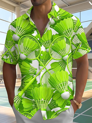 Adaychic Men's Hawaiian Badminton Racket Print Short Sleeve Shirt with Chest Pocket