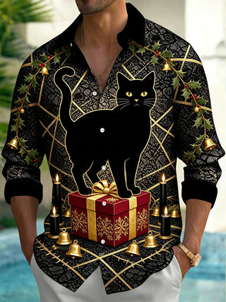 Adaychic Men's Graphic Holly And Bells Print Holly Print Long Sleeve Shirt with Chest Pocket