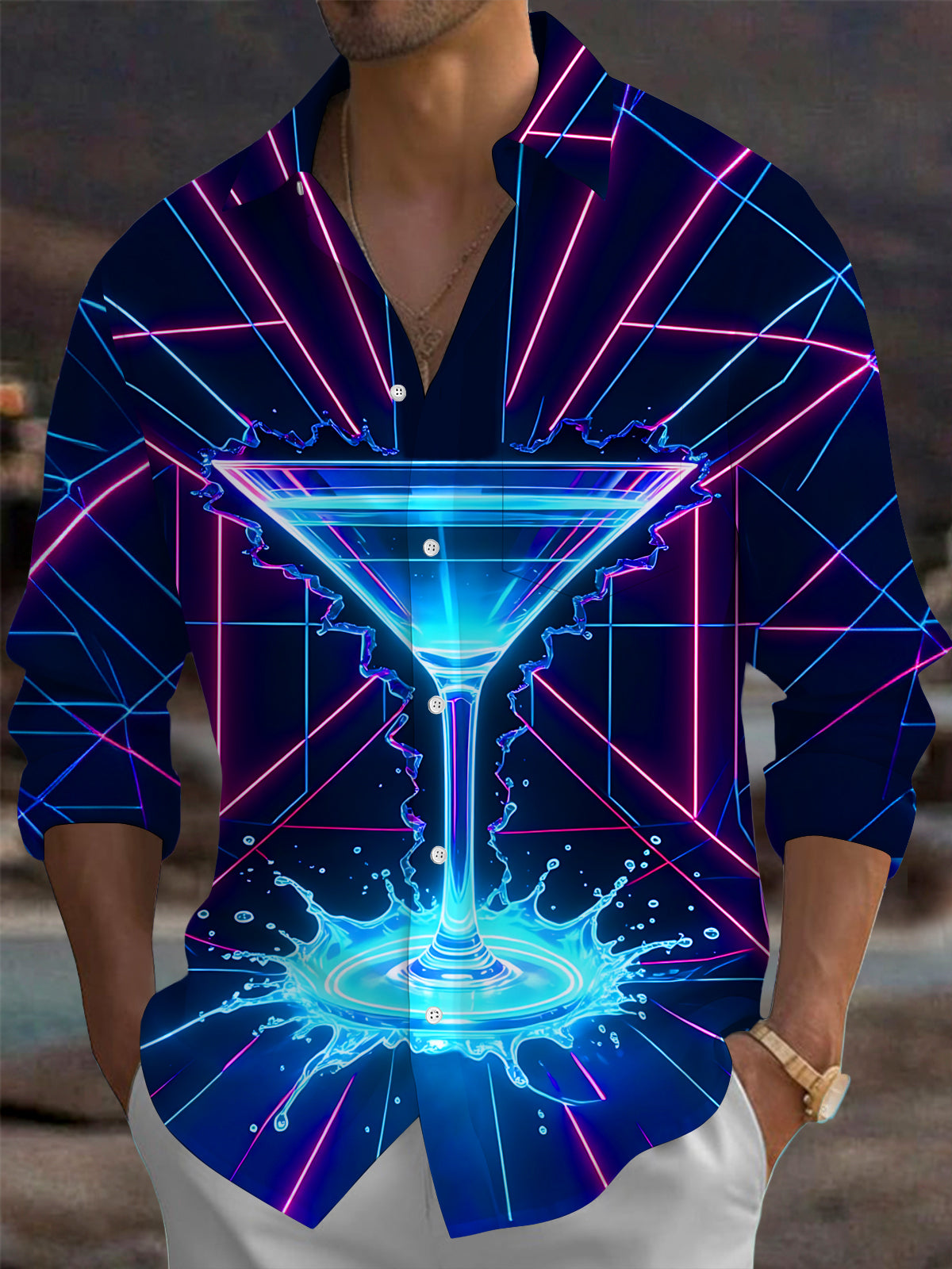 Adaychic Men's Graphic Neon Cocktail Glass Print Long Sleeve Shirt with Chest Pocket