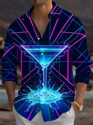Adaychic Men's Graphic Neon Cocktail Glass Print Long Sleeve Shirt with Chest Pocket