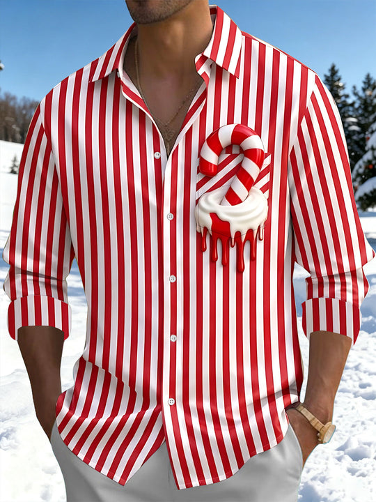 Adaychic Men's Striped Candy Cane Print Long Sleeve Shirt with Chest Pocket