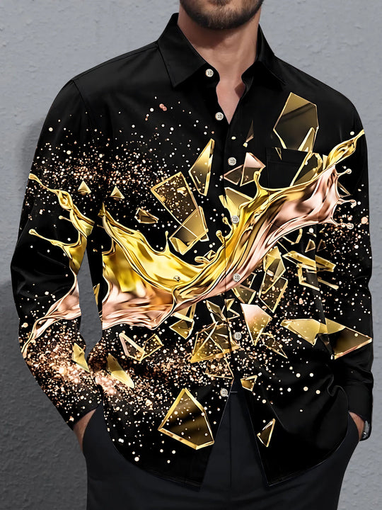 Adaychic Men's 3D 3D Gold Liquid Splash Print Long Sleeve Shirt with Chest Pocket