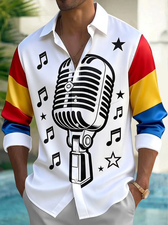Adaychic Men's Graphic Vintage Microphone Print Long Sleeve Shirt with Chest Pocket