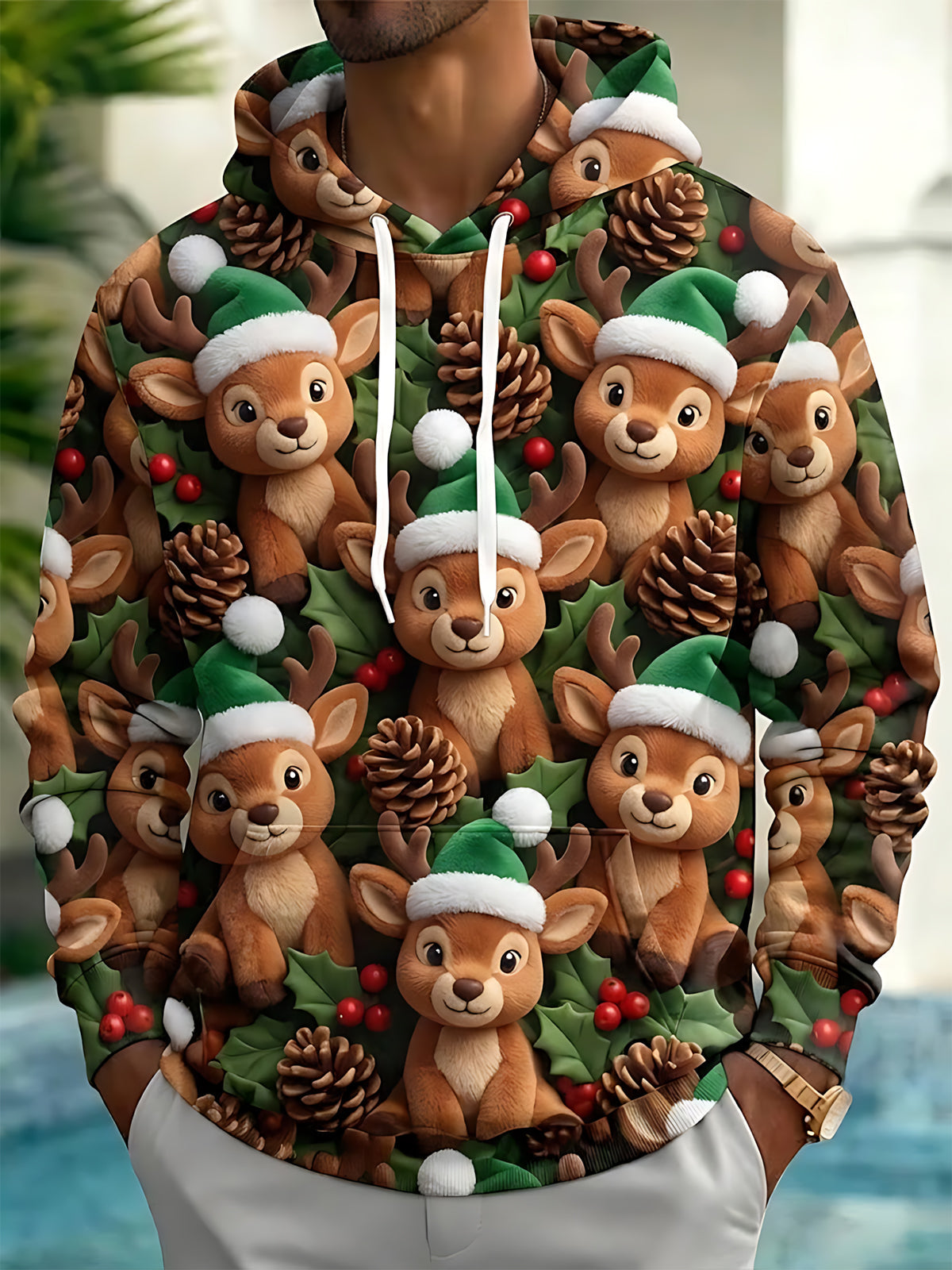 Adaychic Men's Printed Christmas Deer Print Pine Cones Print Long Sleeve Hoodie
