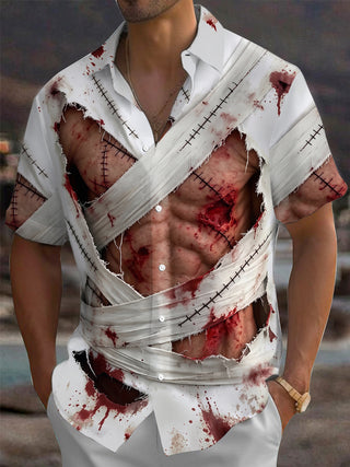 Adaychic Men's Short Sleeve Shirt - Halloween Zombie Bandage And Blood Splatter Print with Chest Pocket