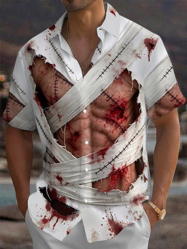 Adaychic Men's Short Sleeve Shirt - Halloween Zombie Bandage And Blood Splatter Print with Chest Pocket