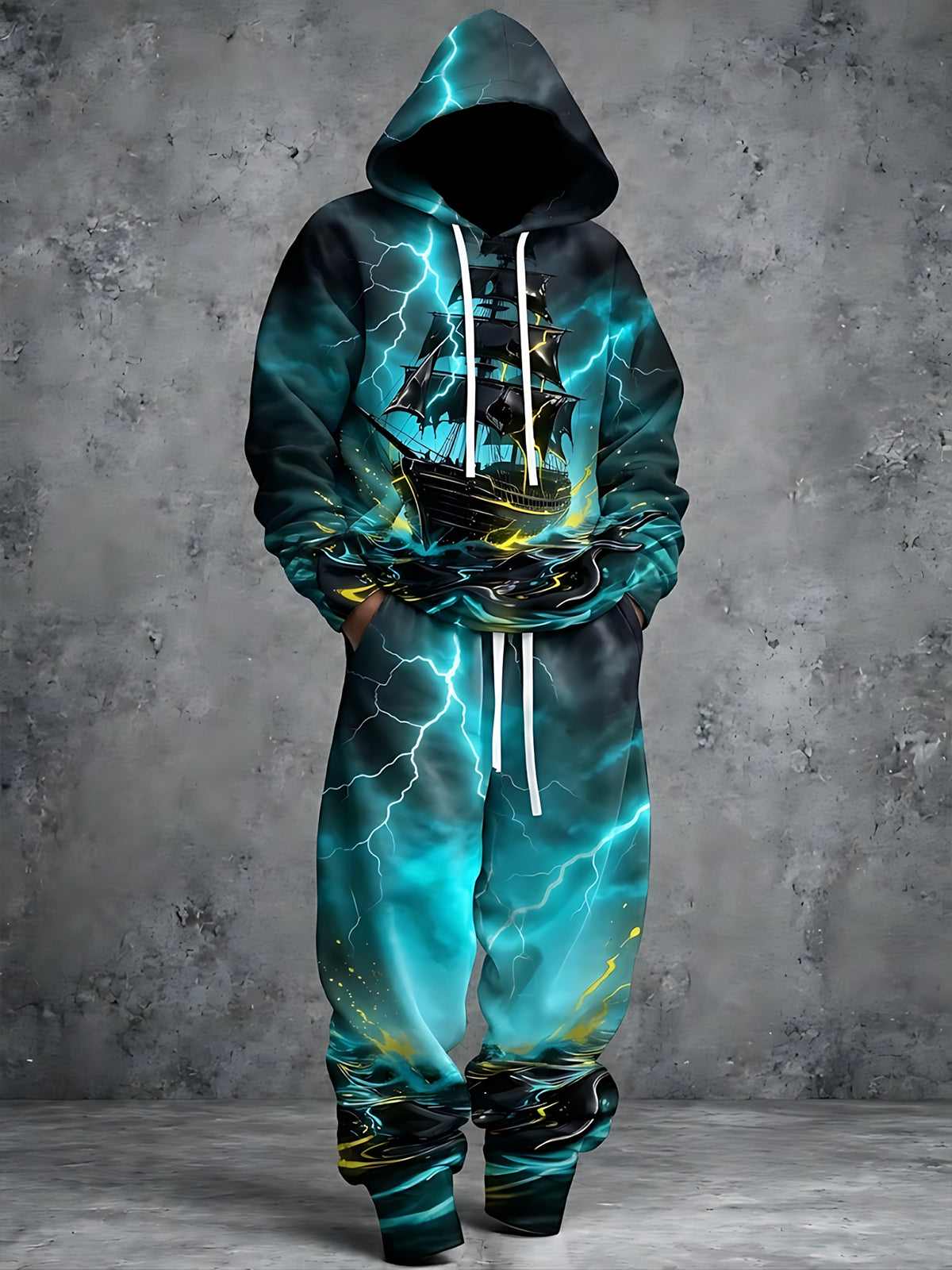 Adaychic Men's Long Sleeve Hoodie - Ghost Ship With Lightning And Stormy Waves Print