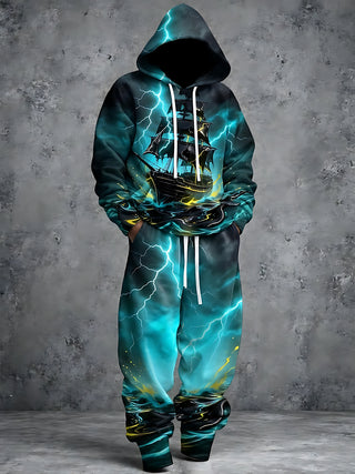Adaychic Men's Long Sleeve Hoodie - Ghost Ship With Lightning And Stormy Waves Print