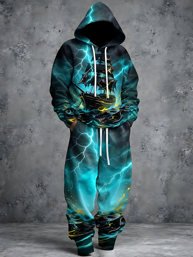 Adaychic Men's Long Sleeve Hoodie - Ghost Ship With Lightning And Stormy Waves Print
